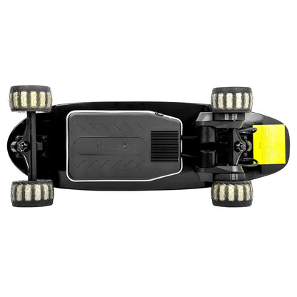 Bottom view of Verreal ACE mini electric skateboard chassis, showing the high-performance battery and ESC for portable electric skateboard college use.