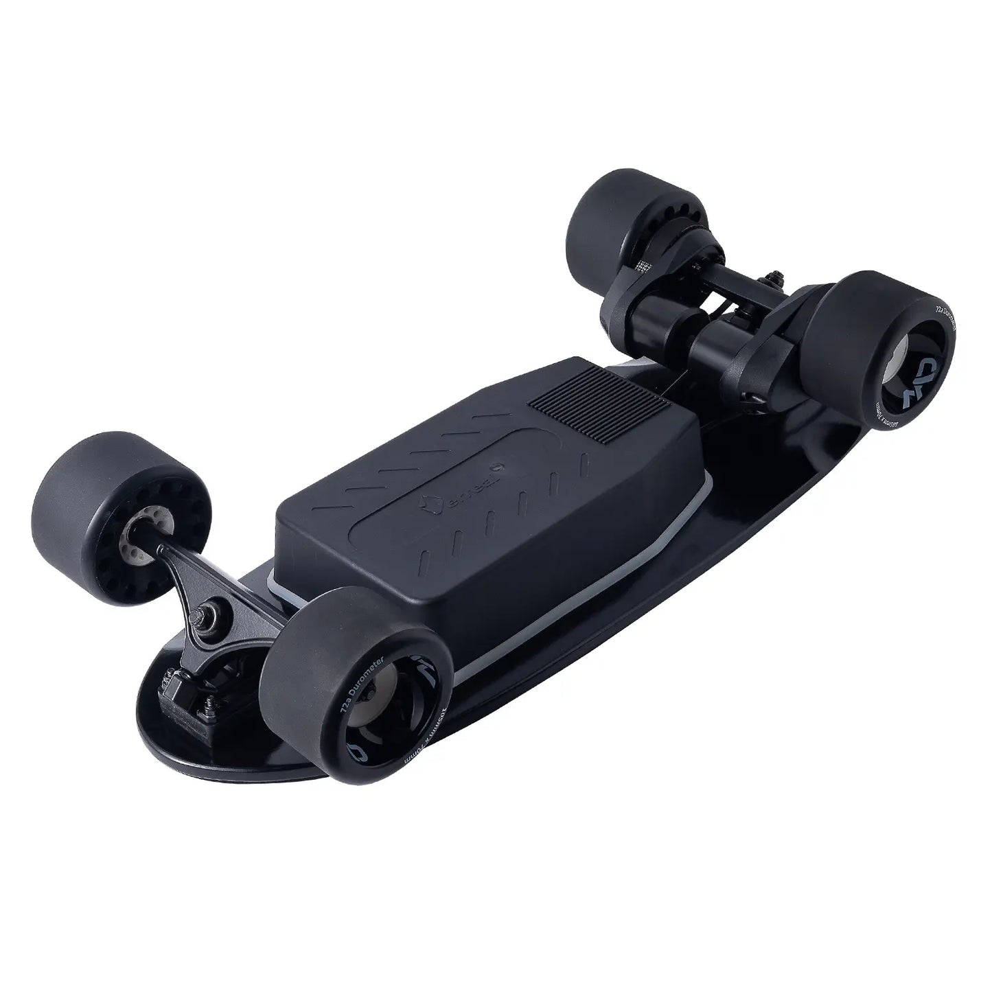 Underside view of Verreal ACE mini electric skateboard with 105mm Mad Wheels V2, featuring a robust belt drive for portable electric skateboard college use.