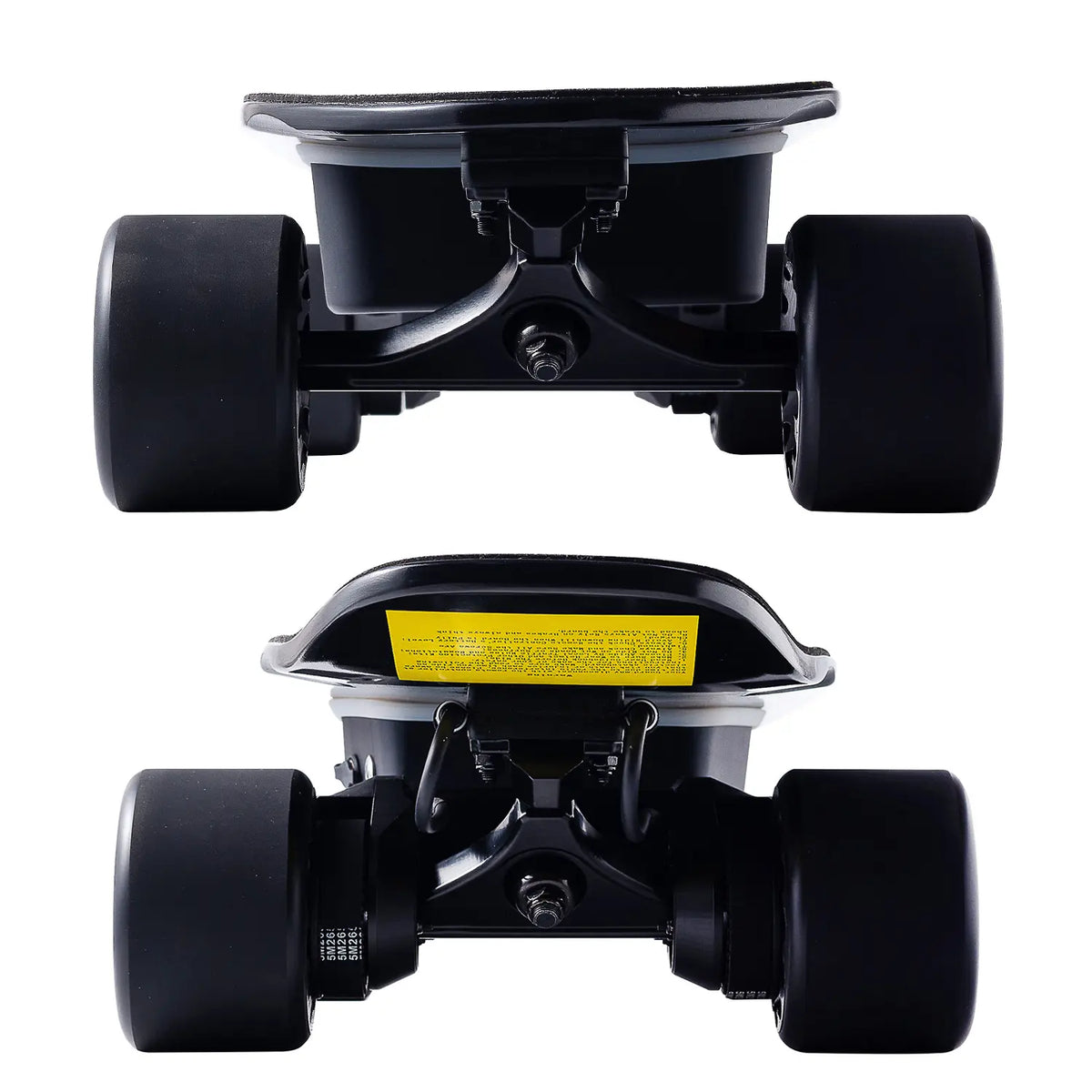 Front and back profile of Verreal ACE mini electric skateboard, highlighting its compact size as a portable electric skateboard for college.
