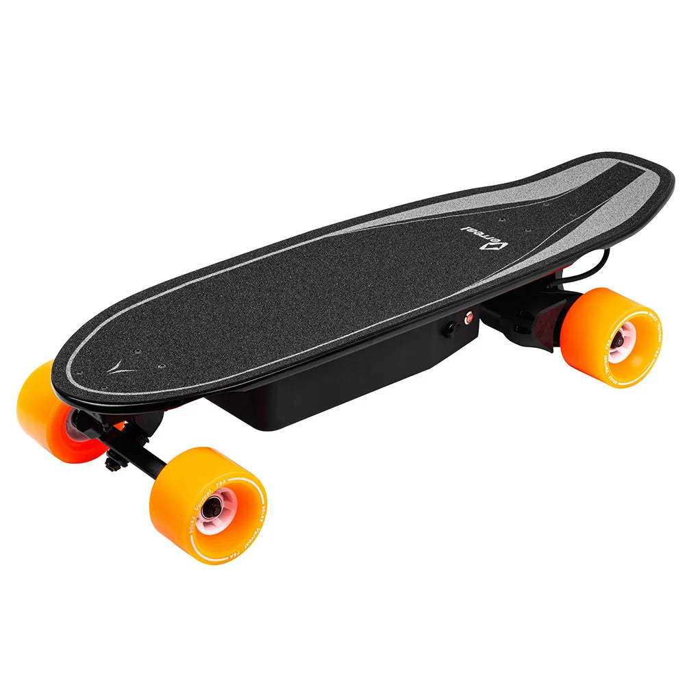 Nose and tail profile of Verreal ACE mini electric skateboard with 90mm wheels, demonstrating its ultra-portable size for college campus use.
