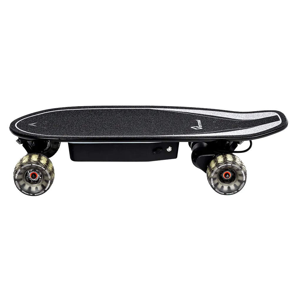 Side view of the lightweight Verreal ACE, an ideal portable electric skateboard for college students with high-traction 105mm Cloudwheels.