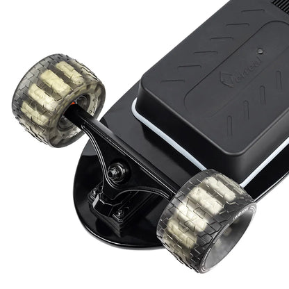 Detail shot of the front truck and 105mm Cloudwheels on the Verreal ACE, the perfect portable electric skateboard for college campus travel.