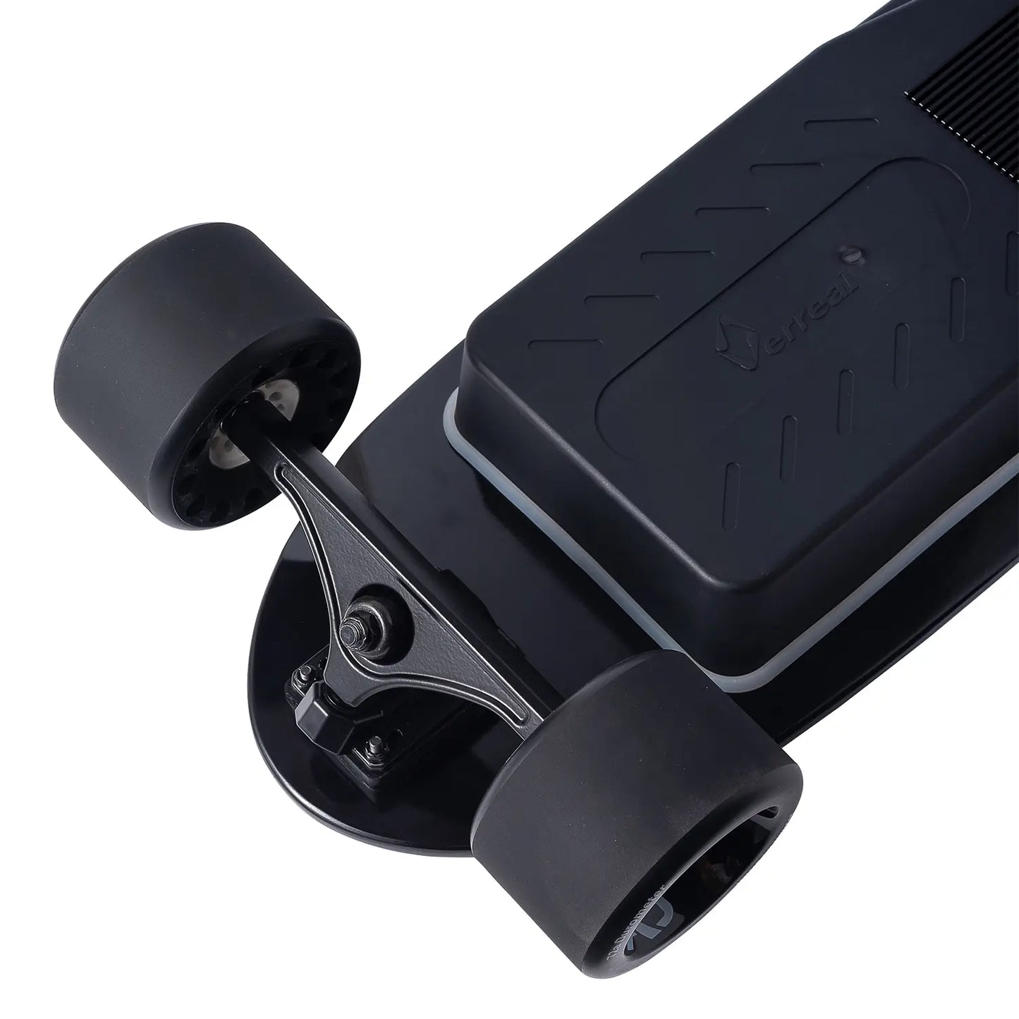 Close-up of the front truck and smooth-rolling Mad Wheels V2 on the Verreal ACE, the ultimate portable electric skateboard for college campus.