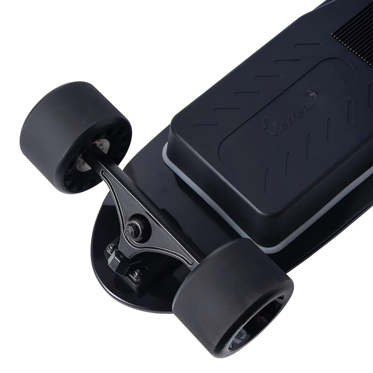 Close-up of the front truck and smooth-rolling Mad Wheels V2 on the Verreal ACE, the ultimate portable electric skateboard for college campus.