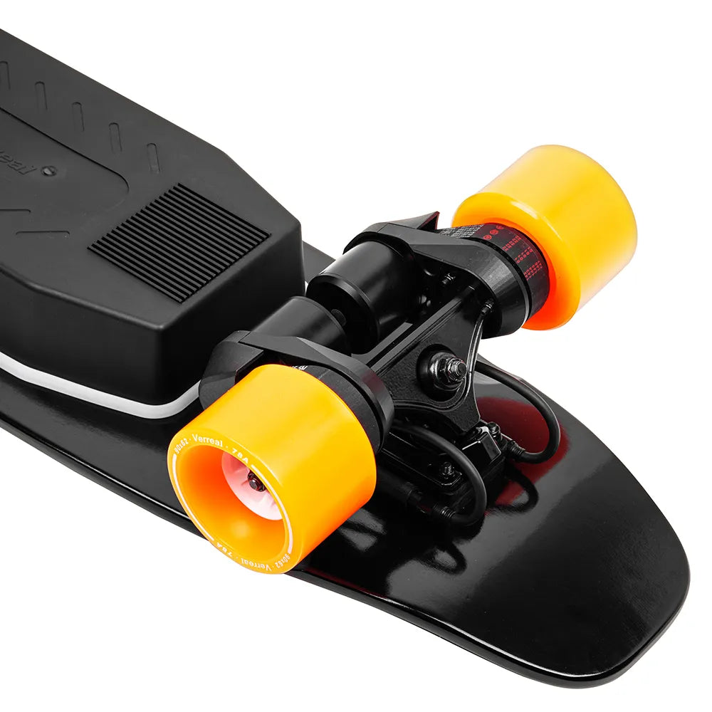 Detailed shot of the front truck on the Verreal ACE with 90mm PU wheels, highlighting its lightweight build as a portable electric skateboard for college.