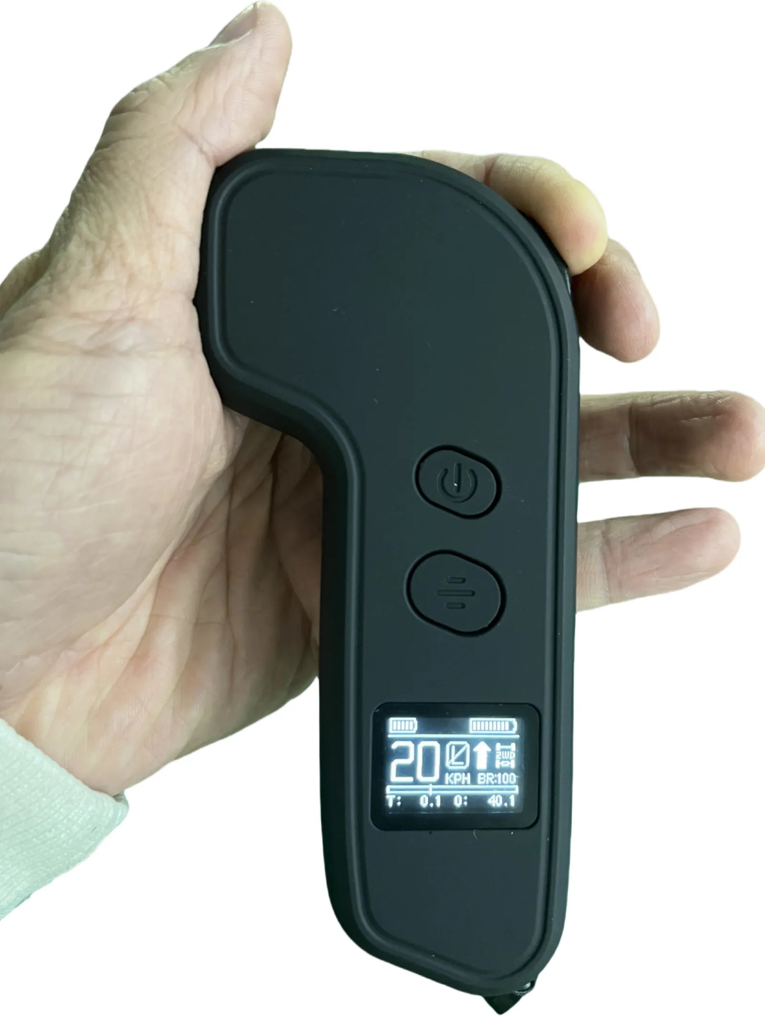 Verreal electric skateboard remote control featuring an LCD display with 20km/h speed lock mode active