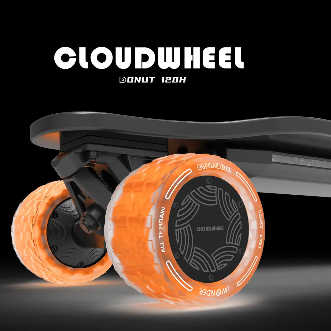 Verreal F1 Max hub motor upgraded with orange Cloudwheel Donut 120H sleeves for better vibration damping.