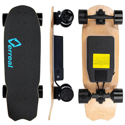 Verreal Mini compact electric skateboard showing top, bottom, and side views with its signature kicktail design.