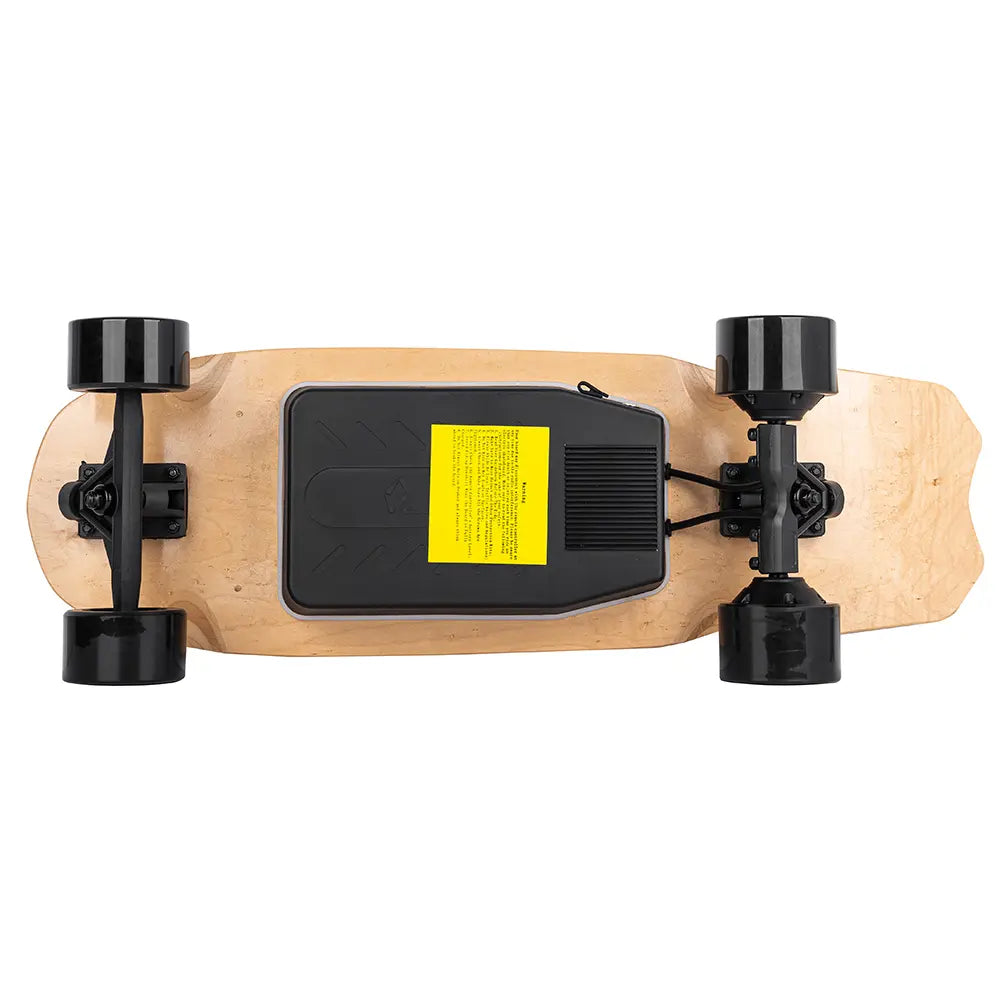 Bottom view of the Verreal Mini electric shortboard showcasing its compact battery enclosure and motor wiring.