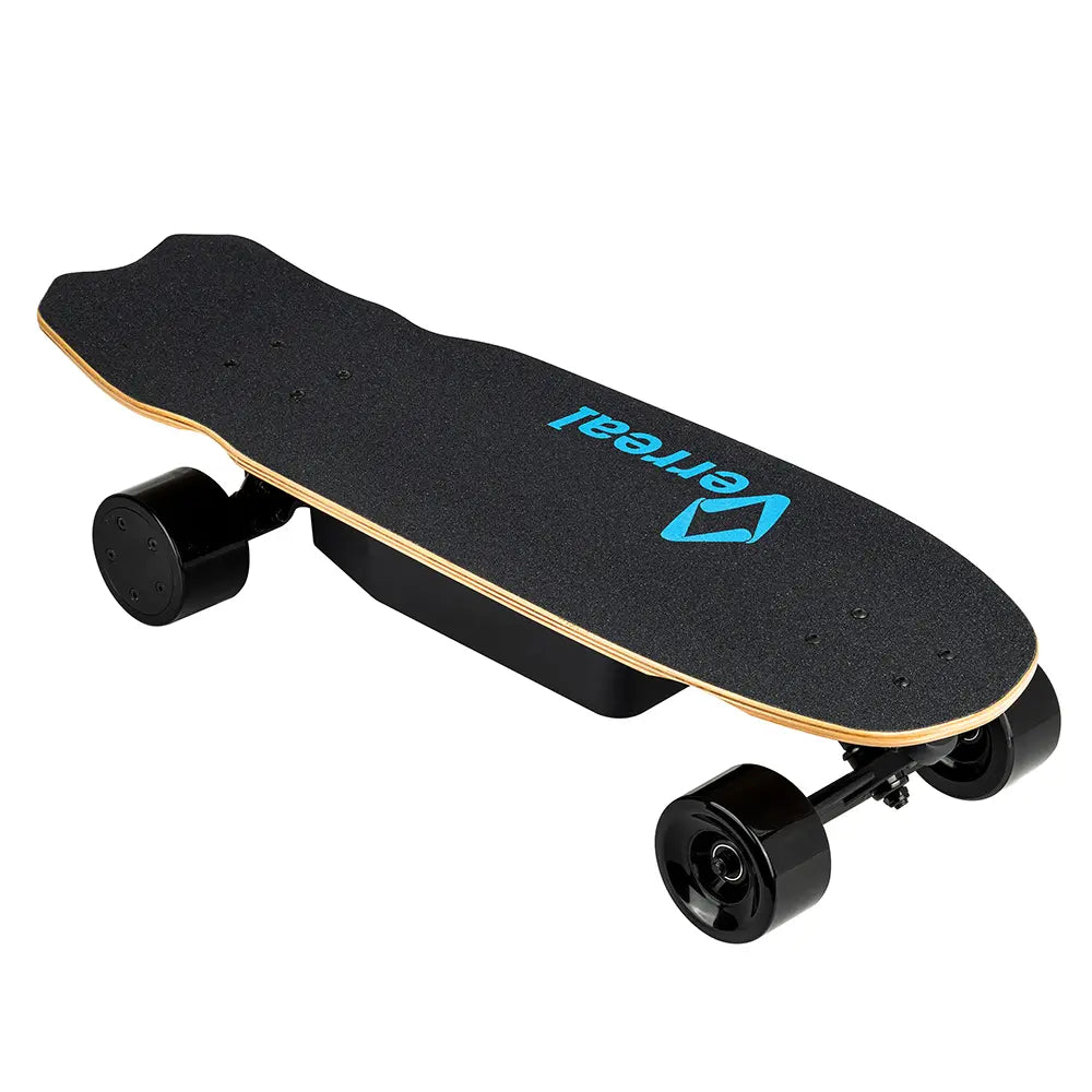 Perspective view of the Verreal Mini's functional kicktail, allowing riders to turn easily without stepping off.