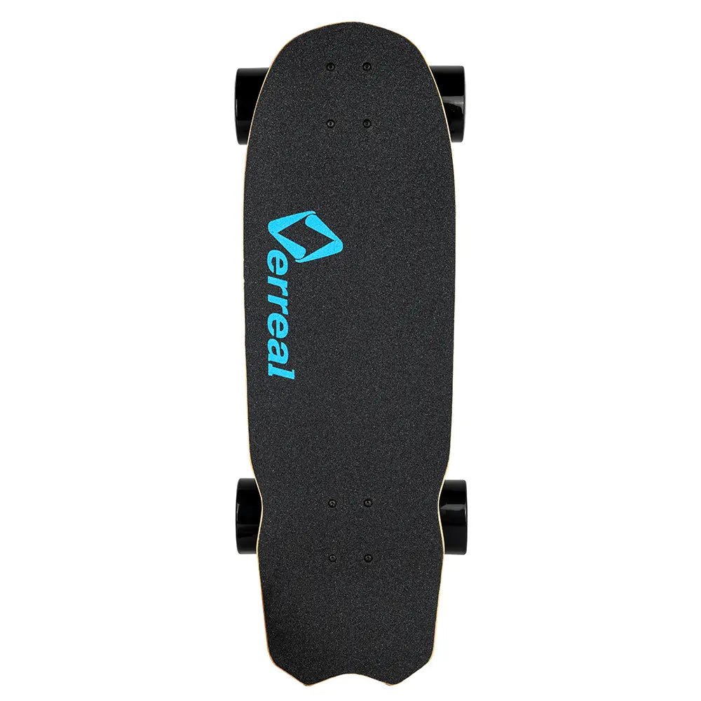 Front view of the Verreal Mini portable electric skateboard with 90mm wheels, perfect for city commuting.