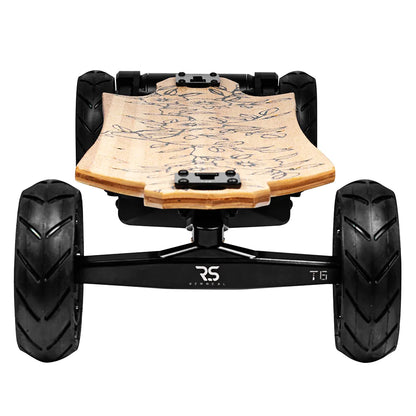 Front view of Verreal RS all terrain electric skateboard with 150mm pneumatic tires for rough surfaces