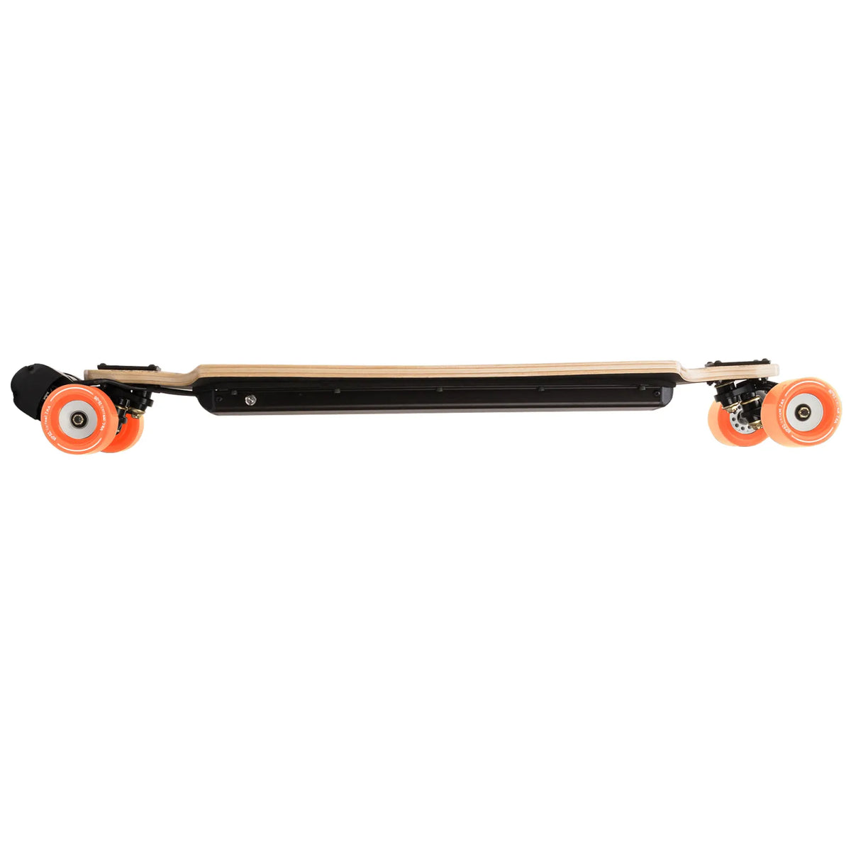 Side profile of Verreal RS budget electric skateboard with 90mm PU wheels, lightweight street setup with long range performance