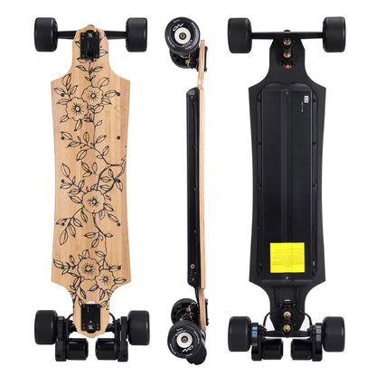 Verreal RS long range electric skateboard with 105mm Mad Wheels V2 shown in top side and bottom view, real world riding range over 50 km 30 miles