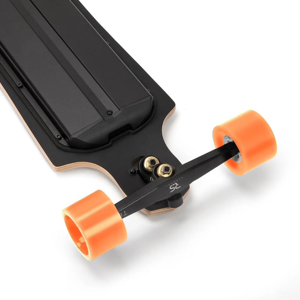 Bottom view of Verreal RS long range electric skateboard showing battery enclosure, optimized for over 50 km (31 miles) rated range