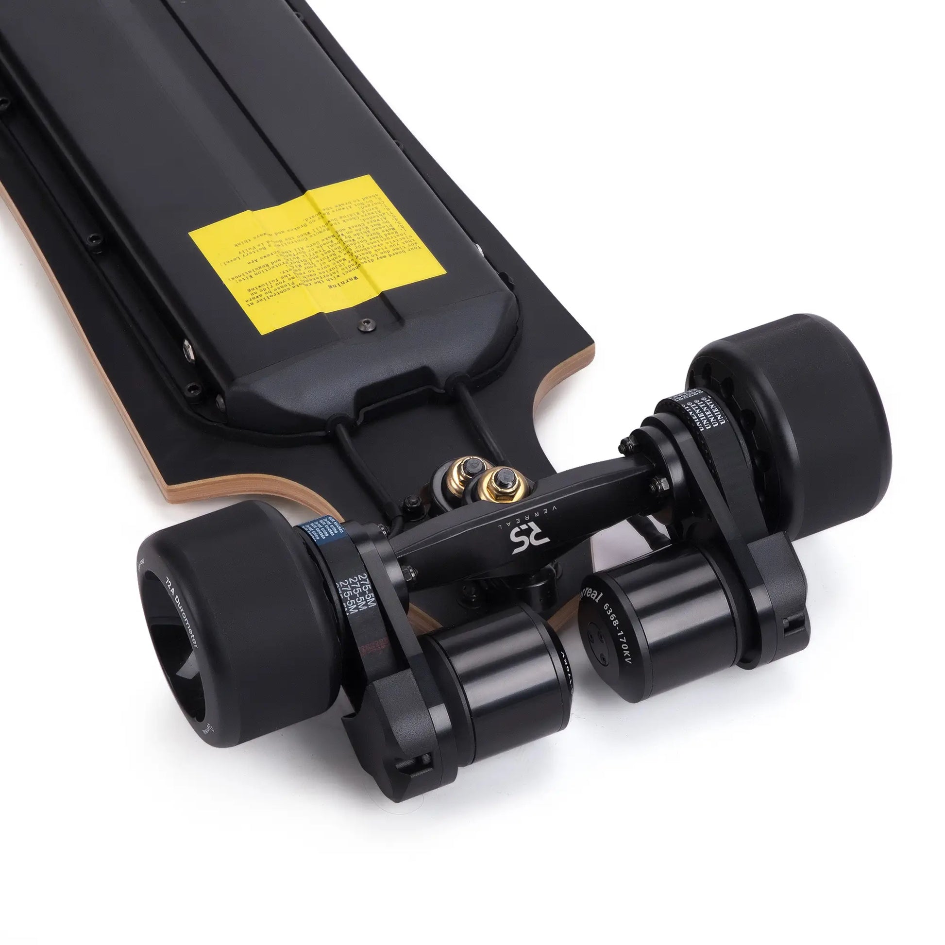 Dual motor rear truck detail of Verreal RS long range electric skateboard with 105mm Mad Wheels V2, efficient drivetrain supporting over 50 km real riding range
