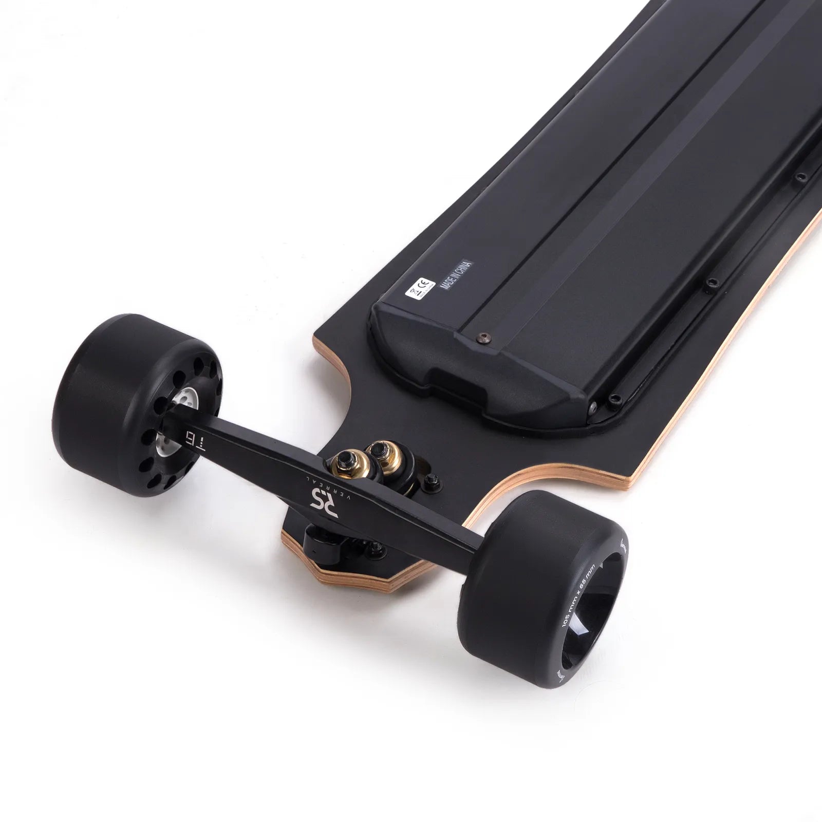 Front truck and 105mm Mad Wheels V2 on Verreal RS long range electric skateboard, designed for comfortable long distance riding over 30 miles
