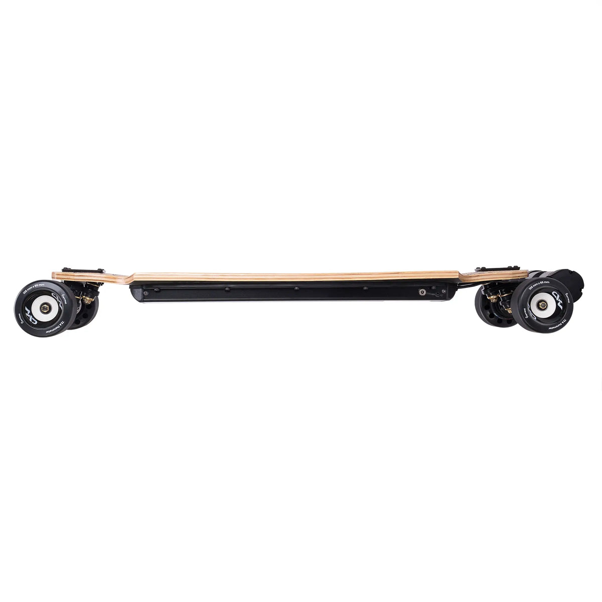 Side view of Verreal RS long range electric skateboard with 105mm Mad Wheels V2, low profile setup optimized for efficiency and real world range above 50 km
