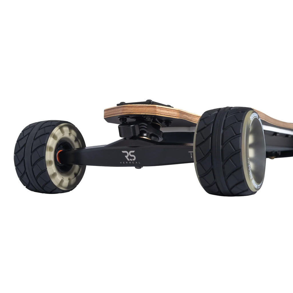 Side profile of Verreal RS Neo electric skateboard with 110mm Rover wheels