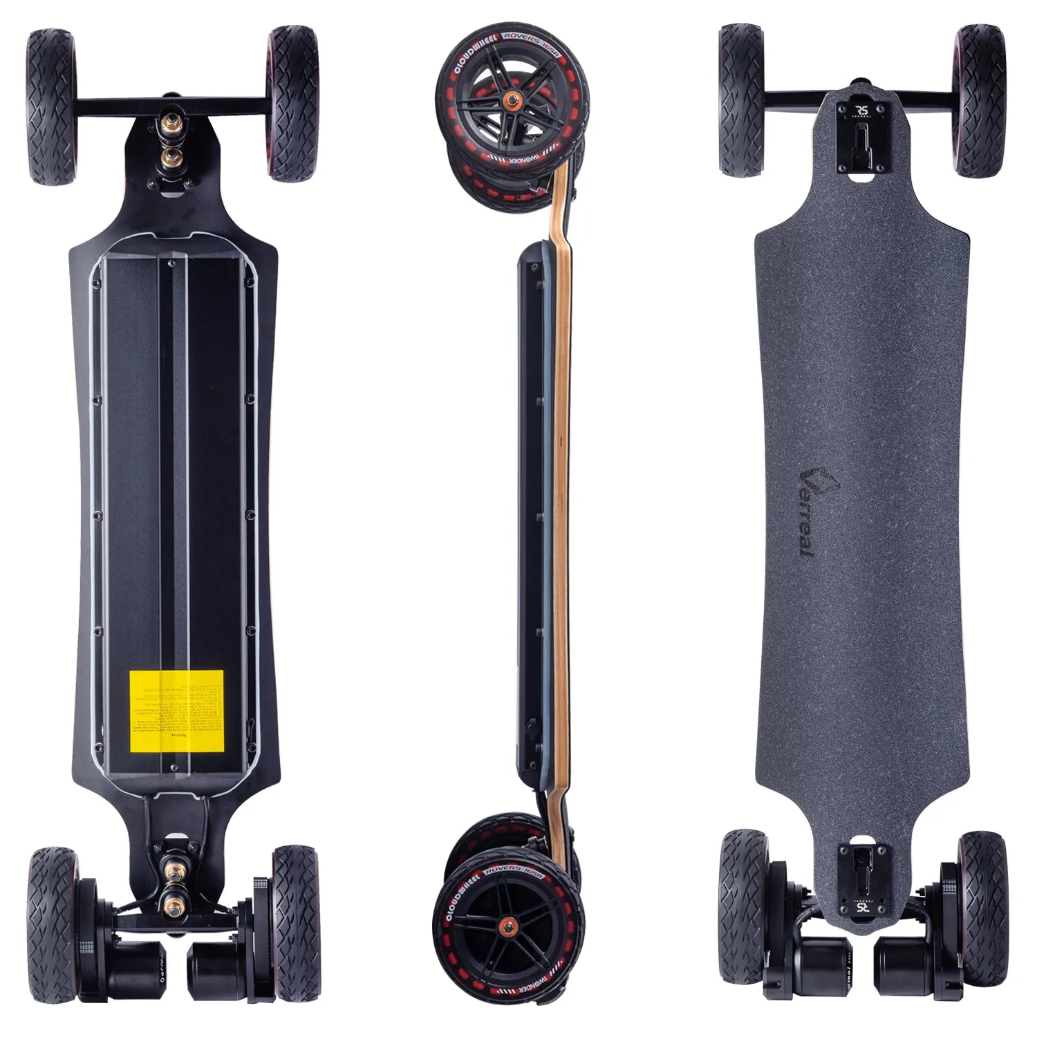 Verreal RS Pro all terrain electric skateboard with 165mm Cloudwheel Rover wheels showing top, bottom and side views