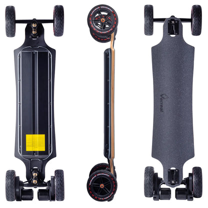 Verreal RS Pro all terrain electric skateboard with 165mm Cloudwheel Rover wheels showing top, bottom and side views