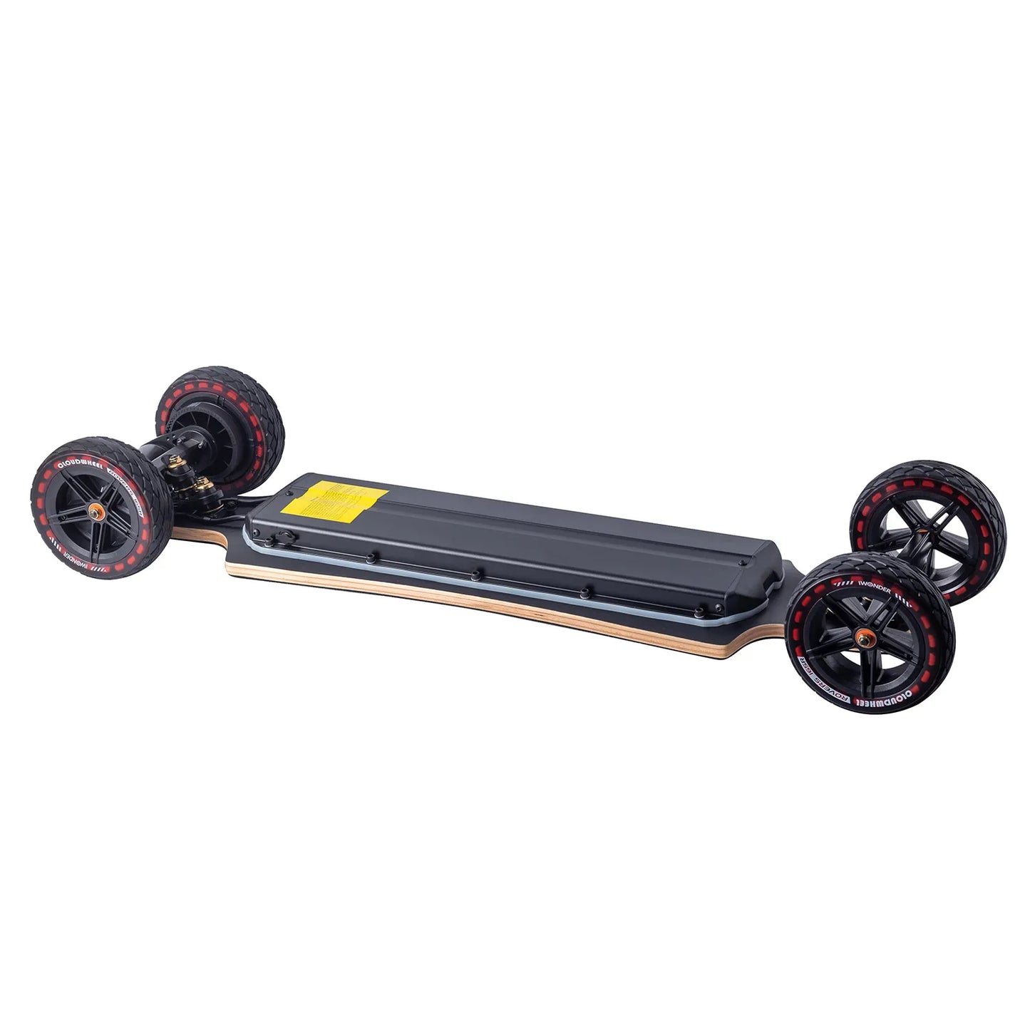 Angled view of Verreal RS Pro all terrain electric skateboard with 165mm Cloudwheel Rover wheels and no maintenance design