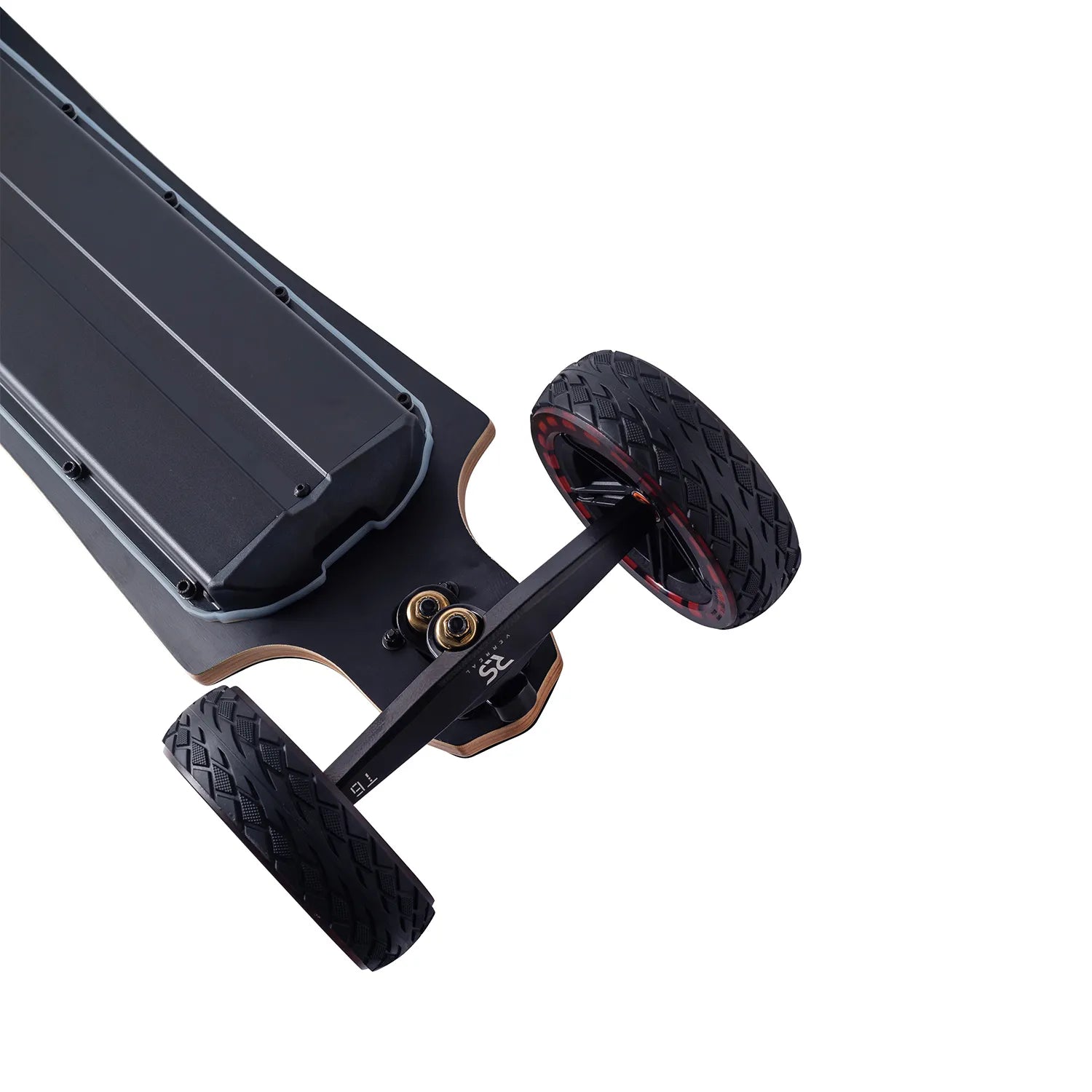 Front truck of Verreal RS Pro all terrain electric skateboard equipped with 165mm Cloudwheel Rover wheels