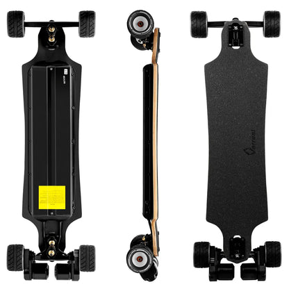 Verreal RS Pro long range electric skateboard with 100mm Cloudwheel Hydro wheels, showing top, bottom and side views