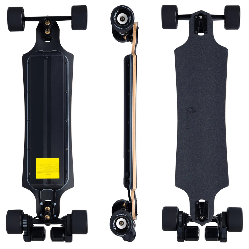 Verreal RS Pro long range electric skateboard with 105mm Mad Wheel V2, showing top, bottom and side views