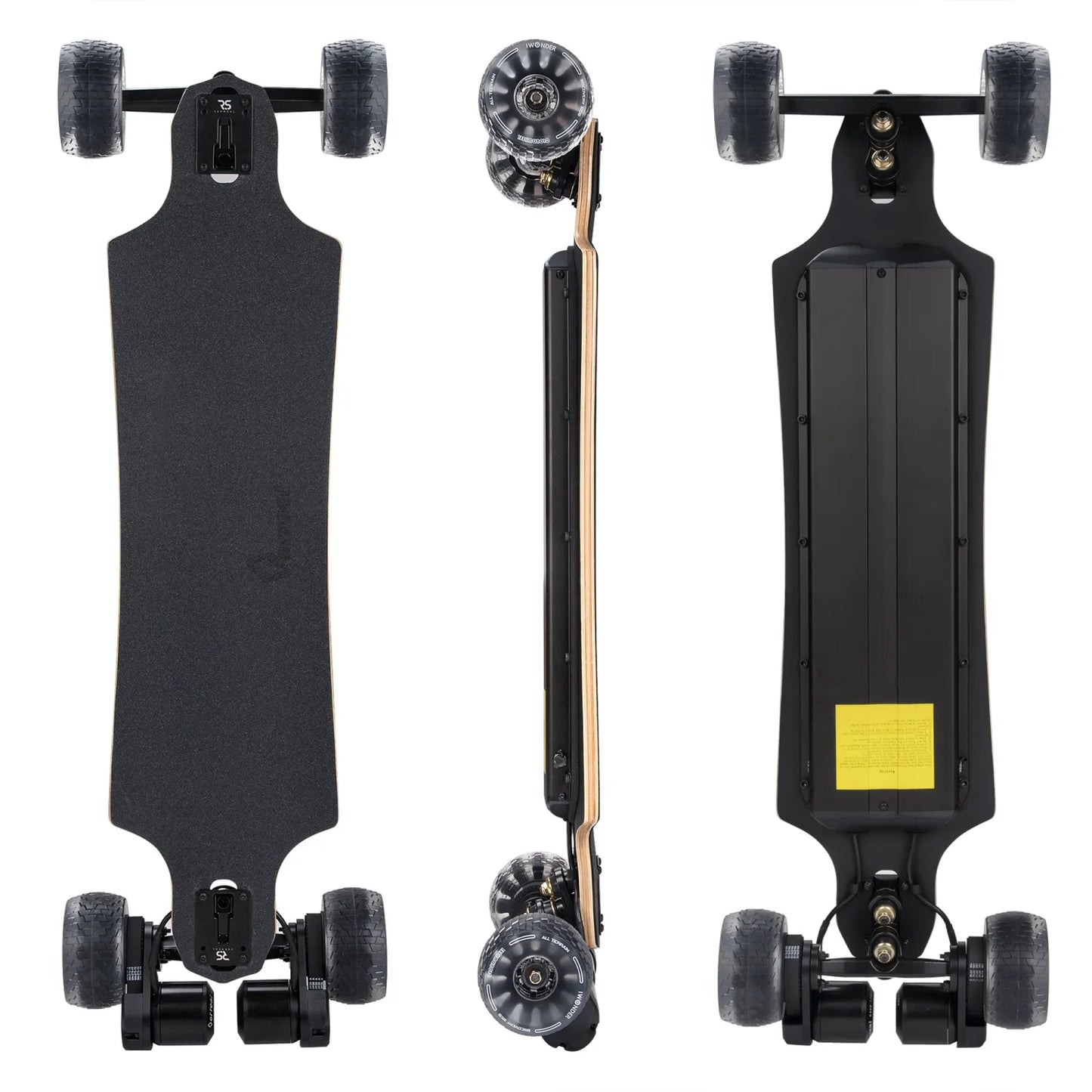 Verreal RS Pro long range electric skateboard with 120mm Cloud Wheels, showing top, bottom and side views