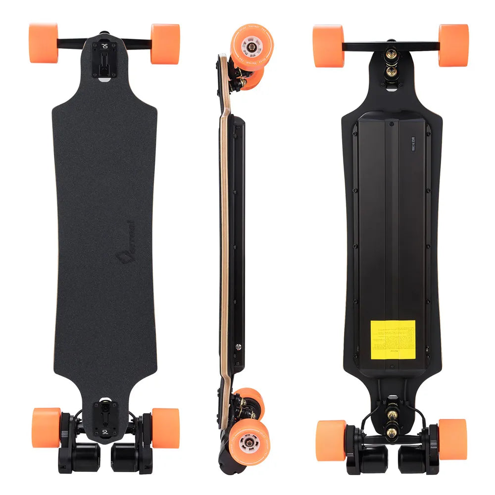 Verreal RS Pro long range electric skateboard with 90mm PU wheels showing top, bottom and side views