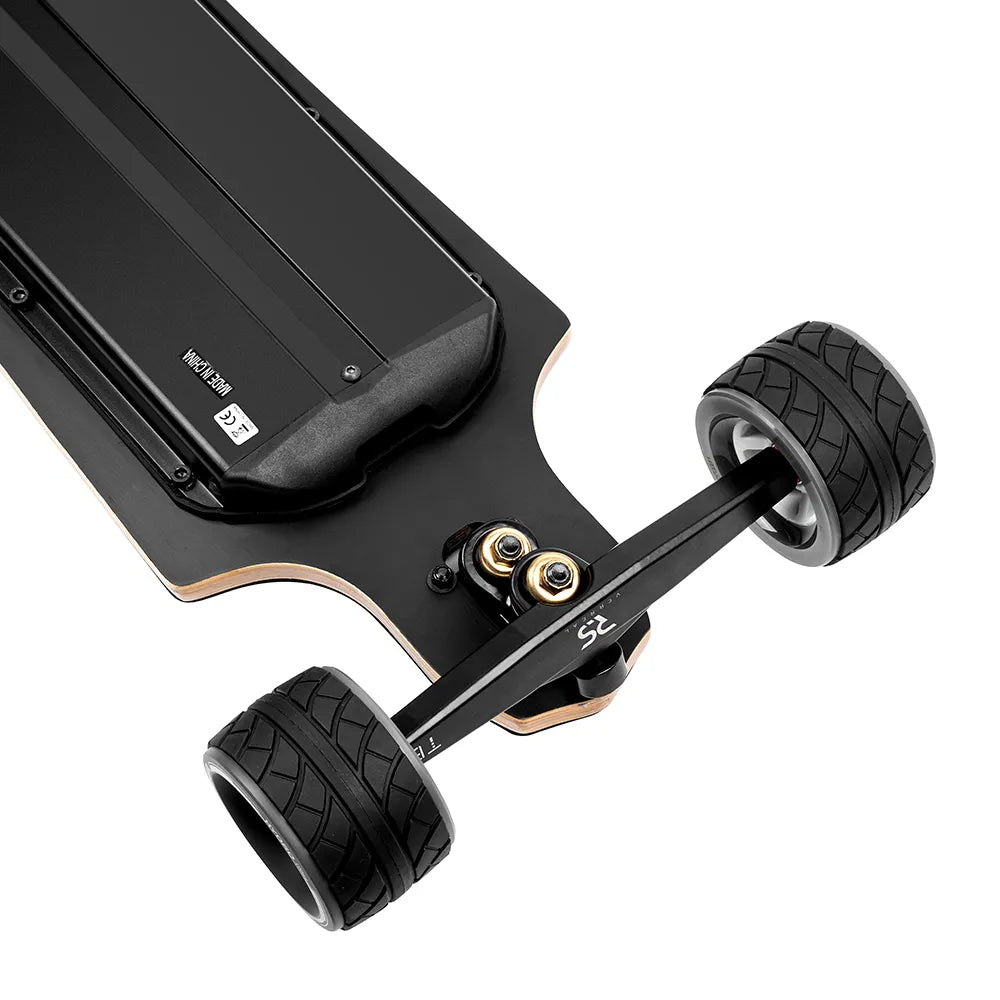 Front truck and battery enclosure of Verreal RS Pro long range electric skateboard with 100mm Cloudwheel Hydro wheels