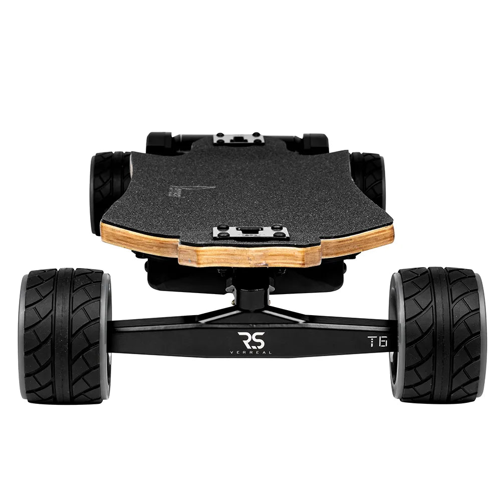 Front view of Verreal RS Pro long range electric skateboard equipped with 100mm Cloudwheel Hydro wheels