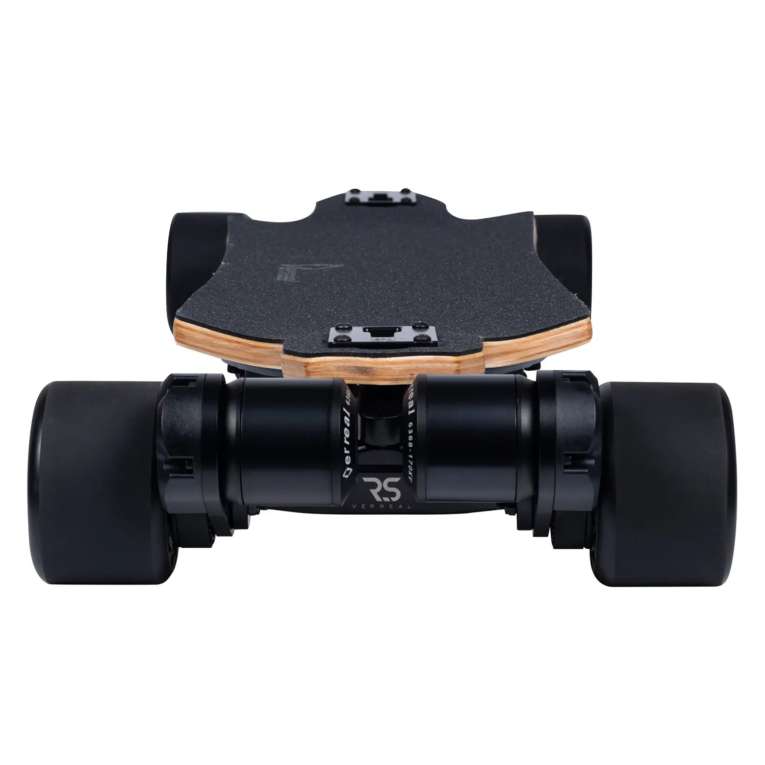 Rear view of Verreal RS Pro long range electric skateboard featuring dual motors and 105mm Mad Wheel V2