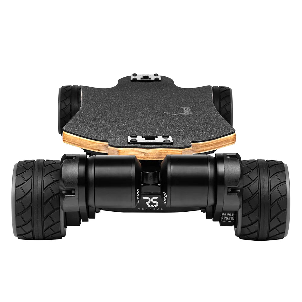 Rear view of Verreal RS Pro long range electric skateboard with dual motors and 100mm Cloudwheel Hydro wheels