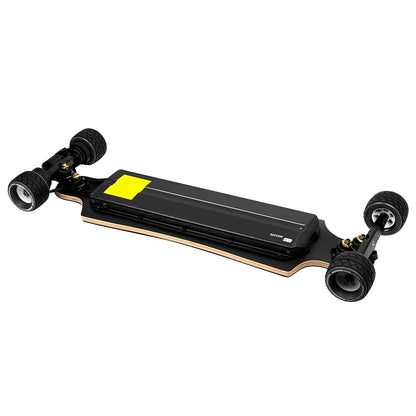 Top angled view of Verreal RS Pro long range electric skateboard showing battery enclosure and 100mm Cloudwheel Hydro wheels