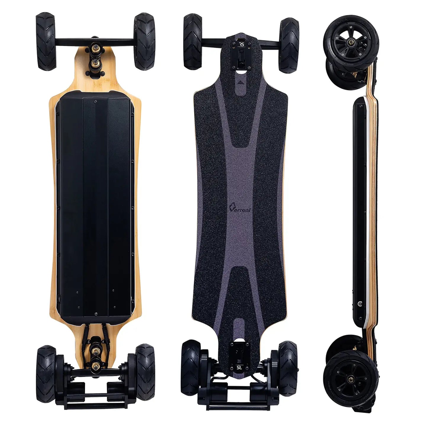 Full view of Verreal RS Pro Max all terrain electric skateboard with 150mm pneumatic wheels for smooth riding.