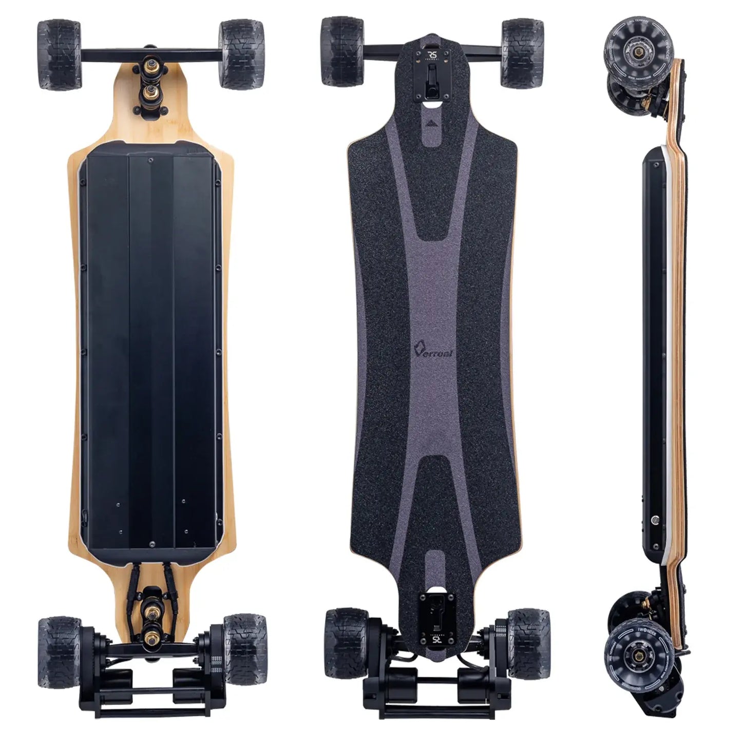 Verreal RS Pro Max long range electric skateboard with 120mm Cloudwheels, capable of 65km range.