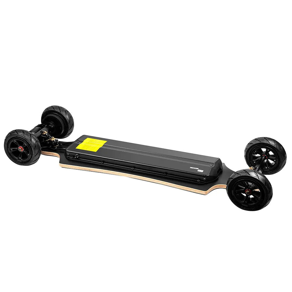 Angled view of Verreal RS Pro off road electric skateboard with 150mm pneumatic wheels and large battery enclosure