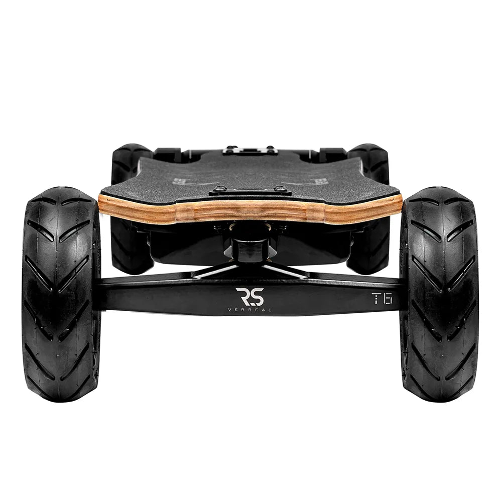 Front view of Verreal RS Pro off road electric skateboard with wide 150mm pneumatic wheels for rough terrain