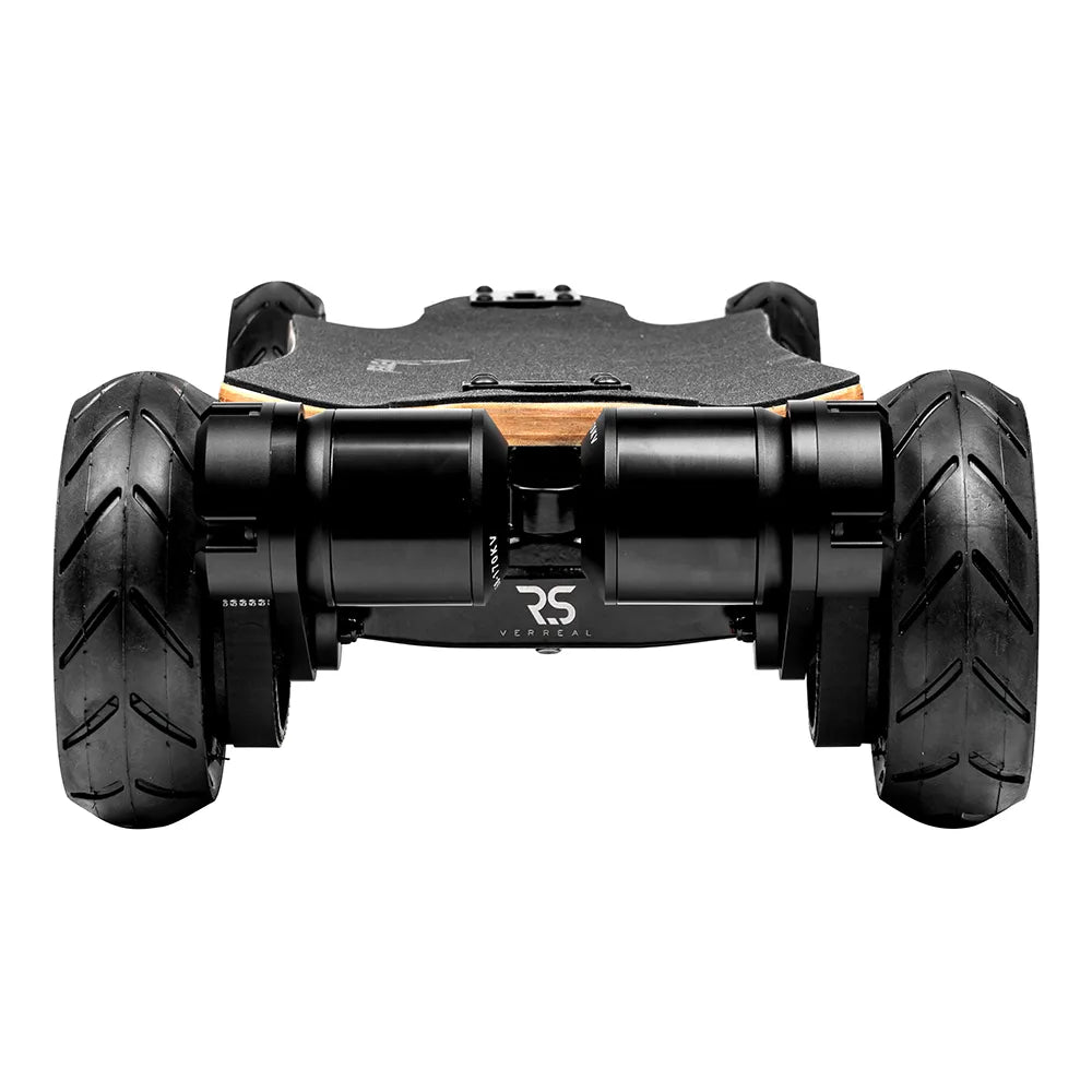 Rear view of Verreal RS Pro off road electric skateboard featuring dual motors and 150mm pneumatic wheels